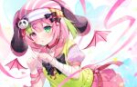  absurdres bandages collar demon_girl demon_wings green_hair hand_on_own_chest hat heterochromia highres ice_(ice) original pink_hair pink_headwear pink_ribbon ribbon wings 