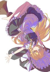  1girl apron back_bow barefoot black_hat black_skirt black_vest blonde_hair bow braid broom buttons commentary_request frilled_apron frilled_skirt frills full_body grin hair_bow hand_up hat hat_bow hazima_777 highres holding holding_another's_wrist holding_broom kirisame_marisa long_hair one_eye_closed outstretched_arm parted_lips puffy_short_sleeves puffy_sleeves shirt short_sleeves simple_background single_braid skirt sleeve_cuffs smile solo touhou upside-down vest waist_apron white_apron white_background white_bow white_shirt witch_hat yellow_eyes 