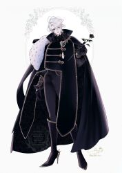  1boy absurdres b_etty01tm black_flower black_gloves black_lips black_pants black_rose black_shirt boots cape earrings flower frilled_shirt_collar frills gloves gold_trim hana_himeru_kimi_no_meteor heart-shaped_gem high_heel_boots high_heels highres holding holding_flower jewelry lavi_van_valentin lipgloss makeup male_focus official_art pants rose shirt simple_background stole tassel vampire white_background white_hair 