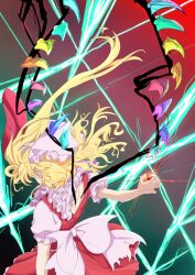  1girl absurdres back_bow back_cutout blonde_hair bow clothing_cutout collared_shirt commentary_request crystal crystal_wings danmaku facing_away flandre_scarlet frilled_shirt_collar frills from_behind guminemi hat highres laser long_hair mob_cap multicolored_wings one_side_up puffy_short_sleeves puffy_sleeves red_skirt red_vest shirt short_sleeves skirt skirt_set solo touhou vest white_bow white_hat white_shirt wings 