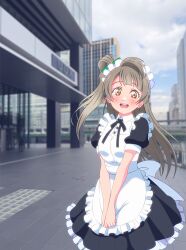  1girl absurdres akihabara_(tokyo) apron arched_bangs black_dress black_ribbon blurry blurry_background blush brown_eyes brown_hair clouds cloudy_sky commentary_request dress frilled_dress frills highres long_hair looking_at_viewer love_live! maid maid_apron maid_headdress minami_kotori neck_ribbon one_side_up open_mouth own_hands_together photo_background pleated_dress puffy_short_sleeves puffy_sleeves ribbon shinonome_sakura short_sleeves sky smile solo teeth upper_body upper_teeth_only white_apron 