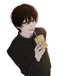  1boy black_eyes black_hair chainsaw_man closed_mouth commentary_request drink_carton drinking_straw gakuran holding holding_juice_box juice_box korean_commentary looking_at_viewer male_focus mole mole_under_mouth sawgak school_uniform short_hair simple_background solo white_background yoshida_hirofumi 