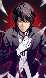  1boy black_background black_hair black_jacket black_sclera butler colored_sclera commentary_request cowboy_shot diablo_(tensura) gloves highres jacket male_focus multicolored_hair red_background red_hair shirt short_hair slope_(check238) tensei_shitara_slime_datta_ken two-tone_hair white_gloves white_shirt yellow_eyes 