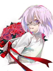  1girl artist_name black-framed_eyewear bouquet bow commentary fate/grand_order fate_(series) floating_hair flower from_behind glasses hair_over_one_eye holding holding_bouquet long_sleeves looking_at_viewer looking_back mash_kyrielight pink_hair red_bow red_flower red_rose rose semi-rimless_eyewear shirt short_hair simple_background smile solo teeth ubwmitekure untranslatable_commentary upper_body violet_eyes white_background white_shirt 