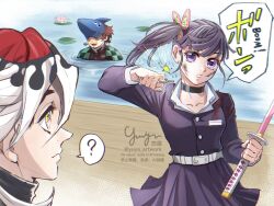  1girl 2boys ? beam_(chainsaw_man) beam_(chainsaw_man)_(cosplay) black_choker black_hair blood blood_on_clothes breasts butterfly_hair_ornament chainsaw_man checkered_haori choker commentary_request cosplay demon_slayer_uniform douma_(kimetsu_no_yaiba) earrings green_eyes grenade_pin hair_ornament hanae_natsuki hanafuda_earrings haori highres holding holding_sword holding_weapon japanese_clothes jewelry kamado_tanjirou kimetsu_no_yaiba medium_breasts multicolored_hair multiple_boys open_mouth partially_submerged pink_hair red_hair reze_(chainsaw_man) reze_(chainsaw_man)_(cosplay) side_ponytail smile spoken_question_mark sword symbol-shaped_pupils tsuyuri_kanao ueda_reina violet_eyes voice_actor_connection weapon white_hair yuya-art 