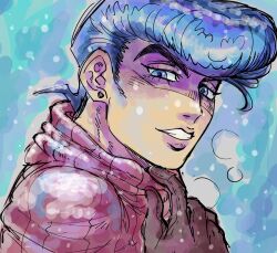  1boy blue_eyes blush breath diamond_wa_kudakenai earrings eyelashes gloves grin higashikata_josuke highres jewelry jojo_no_kimyou_na_bouken lips looking_at_viewer male_focus pompadour rimmybone scarf sketch smile solo upper_body winter winter_clothes 