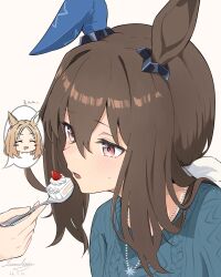  2girls admire_vega_(casual)_(umamusume) admire_vega_(umamusume) animal_ears birthday blonde_hair blue_sweater blush brown_hair commentary_request ear_covers feeding hair_between_eyes happy_birthday highres horse_ears horse_girl jewelry lesoa long_hair low_ponytail multiple_girls narita_top_road_(umamusume) necklace open_mouth ponytail red_eyes single_ear_cover spoken_character sweater umamusume 