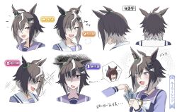  2girls absurdres ahoge animal_ears blue_eyes blue_sailor_collar bow bowtie brown_hair card commentary_request cropped_shoulders ear_ornament eyes_visible_through_hair grey_hair hair_ornament hair_over_one_eye highres hitempo holding holding_card horse_ears horse_girl looking_at_viewer mood_(umamusume) multicolored_hair multiple_expressions multiple_girls multiple_views notice_lines open_mouth purple_sailor_collar purple_shirt rulership_(umamusume) sailor_collar sailor_shirt school_uniform shaded_face shirt short_hair sparkle spoken_character streaked_hair tracen_school_uniform translation_request umamusume white_background white_bow white_bowtie winter_uniform 