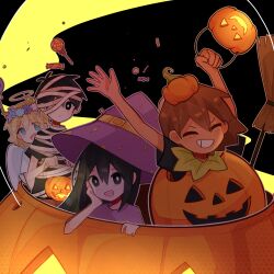  1girl 3boys angel angel_wings antenna_hair arms_up aubrey_(faraway)_(omori) aubrey_(omori) basil_(faraway)_(omori) basil_(omori) basket black_background black_shirt blonde_hair blue_eyes blush bright_pupils broom brown_hair candy closed_eyes closed_mouth commentary dark-skinned_male dark_skin double-parted_bangs english_commentary fake_halo fake_wings flipped_hair flower flower_wreath food grin hair_between_eyes halloween halloween_costume halo hat head_wreath highres holding holding_basket kel_(faraway)_(omori) kel_(omori) lollipop long_hair looking_at_viewer multiple_boys mummy_costume omori open_mouth purple_hat saii_(komaedaahj) shirt short_hair sidelocks simple_background smile sunny_(omori) swirl_lollipop t-shirt teeth tooth_gap white_pupils wings witch_hat 