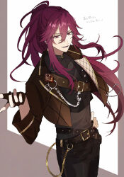  1boy absurdres belt belt_buckle black_belt black_choker black_gloves black_jacket black_nails black_panties black_shirt buckle chest_belt choker covered_collarbone cowboy_shot crop_top crossed_belts ensemble_stars! fingerless_gloves floating_hair gloves hair_between_eyes hand_on_own_hip highres jacket layered_shirt long_hair looking_at_viewer madoka_nozomi male_focus multiple_belts navel oji_(oshimai_odisan) outside_border panties parted_lips pillarboxed ponytail purple_hair see-through_clothes shirt signature simple_background smile solo translation_request underwear violet_eyes wallet_chain white_background 