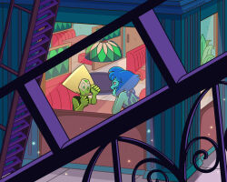 2girls arm_support bent_spoon blonde_hair blue_gem blue_hair blue_skin colored_skin commentary couch english_commentary face_shield gem gem_(steven_universe) green_gem green_skin hands_up holding holding_spoon indoors lapis_lazuli_(steven_universe) looking_at_another multiple_girls official_style on_couch peridot_(steven_universe) plant spoon steven_universe table timehuntress triangle-shaped_hair upper_body 