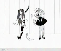  2girls arm_up artist_name ascot barefoot blush bra bracelet bridal_gauntlets buttons closed_eyes closed_mouth collared_shirt commentary_request curtains drill_bulbul fate/strange_fake fate_(series) fillia_(fate) flower frills full_body hair_between_eyes hair_flower hair_ornament hair_ribbon hand_up headpiece high-waist_skirt ishtar_(fate) jewelry long_hair long_sleeves looking_at_viewer microphone miniskirt monochrome multiple_girls neck_ring open_mouth panties pantyhose parted_bangs puffy_long_sleeves puffy_sleeves ribbon shadow shirt shoes sidelocks single_bridal_gauntlet single_thighhigh skirt smile stage standing thigh-highs tiara two_side_up underwear 