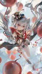  1girl absurdres ai_dongdong balloon black_hat black_shoes breasts capelet chinese_commentary commentary_request diamond_(shape) diamond_facial_mark dress facial_mark hat heart heart_facial_mark highres honkai:_star_rail honkai_(series) long_hair looking_at_viewer midair red_capelet shoes small_breasts smile solo sparkle_(honkai:_star_rail) sparxie_(honkai:_star_rail) thighs top_hat twintails very_long_hair violet_eyes white_dress white_hair 