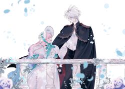  1boy 1girl b_etty01tm black_cape black_gloves black_pants blue_hair bonnet cape commentary_request dress falling_petals flower frilled_bonnet frills gloves green_ribbon hair_flower hair_ornament hana_himeru_kimi_no_meteor handrail hetero highres lavi_van_valentin leaf multicolored_hair official_art pants pectoral_cleavage pectorals petals pink_hair plant puffy_sleeves ribbon rose shirt simple_background stella_quinwich two-tone_hair white_background white_dress white_flower white_hair white_rose white_shirt yellow_eyes 