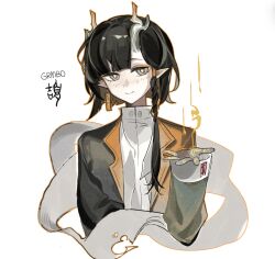  1girl arknights black_hair black_jacket blunt_bangs braid character_name chinese_commentary colored_extremities commentary_request cropped_torso dragon_horns earrings eastern_dragon_horns english_text eyeshadow grey_eyes haixianshichang75798 hand_tattoo hand_up highres horns jacket jewelry jie_(arknights) light_blush looking_at_viewer makeup orange_eyeshadow orange_jacket pointy_ears shirt short_hair side_braid smile solo spread_fingers straight-on tassel tassel_earrings tattoo white_background white_shirt 