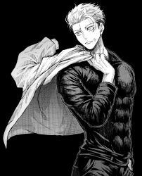  1boy black_background closed_mouth commentary_request compression_shirt covered_abs covered_pectorals greyscale hand_in_pocket holding holding_unworn_clothes holding_unworn_jacket itadori_yuuji jacket jujutsu_kaisen jujutsu_kaisen_modulo male_focus monochrome muscular muscular_male nay_bb pants pectorals scar scar_on_face scar_on_forehead scar_on_mouth short_hair simple_background solo undercut unworn_jacket 