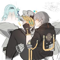  1boy 1girl ? ?? armor artist_name black_boots black_gloves black_hairband black_jacket black_pants black_ribbon blue_hair blush blush_stickers boots caelus_(honkai:_star_rail) caessy_mp11 carrying closed_eyes closed_mouth covering_face fingerless_gloves firefly_(honkai:_star_rail) from_side full_armor gloves grey_armor grey_hair hair_between_eyes hair_ornament hair_ribbon hairband hand_up hands_up heart helmet hetero highres honkai:_star_rail honkai_(series) hood hooded_jacket jacket kiss kissing_cheek leaf_hair_ornament long_hair long_sleeves mecha multicolored_armor notice_lines pants power_armor princess_carry ribbon robot sam_(honkai:_star_rail) short_hair shy simple_background speech_bubble thought_bubble trailblazer_(honkai:_star_rail) upper_body wavy_hair white_background yellow_armor 