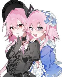 2girls black_dress black_gloves blue_dress dress dual_persona e9_f72 erection evernight_(honkai:_star_rail) gloves hand_on_another's_shoulder hashtag-only_commentary headdress highres honkai:_star_rail honkai_(series) long_hair march_7th_(honkai:_star_rail) medium_hair multicolored_eyes multiple_girls open_mouth pink_hair red_eyes simple_background smile two-tone_eyes very_long_hair white_background 