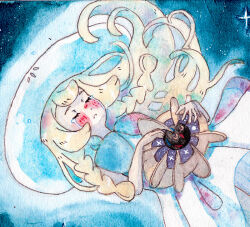  1girl blonde_hair blush braid closed_eyes commentary_request cosmoem crying dress eyelashes floating_hair hat holding holding_pokemon lillie_(pokemon) long_hair merchandise_available merrinou mixed-language_commentary painting_(medium) pokemon pokemon_(creature) pokemon_sm star_(sky) streaming_tears tears traditional_media twin_braids watercolor_(medium) white_dress white_hat wide_brim 