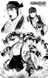  1boy 1girl ainu_clothes asirpa bandana beard chest_hair commentary_request earrings explosion facial_hair golden_kamuy greyscale headband highres hoop_earrings hug jewelry jumping ka_ji long_hair male_focus monochrome multiple_views muscular muscular_male one_eye_closed pants shirt short_hair sideburns sweatdrop tanigaki_genjirou thick_eyebrows white_background 