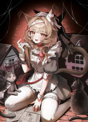  1girl absurdres animal_ear_fluff animal_ears apron arknights black_dress brown_hair cat cat_ears cat_tail clipboard collar dress fang full_body hair_ornament hand_up hat haze_(arknights) haze_(the_nursing_home_creepshow)_(arknights) highres holding holding_clipboard jhini knife long_hair looking_at_viewer miss_christine_(arknights) nurse_cap official_alternate_costume open_mouth puffy_short_sleeves puffy_sleeves red_collar short_sleeves sitting skin_fang smile solo striped_clothes striped_dress tail thigh-highs white_apron white_thighhighs yellow_eyes 