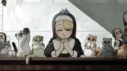  4girls :d baby_animal bird blonde_hair blue_eyes brown_hair cat chicken closed_eyes clumsy_nun_(diva) diva_(hyxpk) duck duckling english_commentary froggy_nun_(diva) hanging_plant highres little_nuns_(diva) mouse_(animal) mouse_on_head multiple_girls nun praying smile spicy_nun_(diva) star_nun_(diva) star_ornament tongue tongue_out traditional_nun 