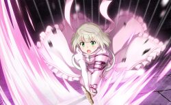  1girl armor armored_boots artist_request attack back_bow boots bow breastplate dark debris determined dot_nose dress emphasis_lines fingerless_gloves floating_clothes frilled_dress frills full_body game_cg gloves green_eyes grey_hair highres holding holding_sword holding_weapon jeanne_d'arc_(madoka_magica) juliet_sleeves light_blush long_dress long_sleeves looking_ahead loose_hair_strand magical_girl mahou_shoujo_madoka_magica mahou_shoujo_madoka_magica_magia_exedra mahou_shoujo_tart_magica official_art open_mouth pauldrons pink_boots pink_bow pink_dress pleated_dress puffy_sleeves short_hair shoulder_armor showgirl_skirt single_bracer single_pauldron slashing solo squatting sword tareme third-party_source tile_floor tiles v-shaped_eyebrows weapon white_gloves 