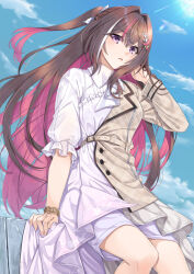  1girl arm_behind_head azki_(4th_costume)_(hololive) azki_(hololive) blue_sky brown_hair brown_jacket clouds commentary_request day dress feet_out_of_frame hair_between_eyes hair_intakes hand_up hololive jacket long_hair long_sleeves miri_(ago550421) multicolored_hair outdoors parted_lips pink_hair ponytail puffy_short_sleeves puffy_sleeves short_sleeves sitting sky solo streaked_hair sunlight two-tone_hair very_long_hair violet_eyes virtual_youtuber white_dress white_hair 