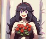  1girl @_@ ahoge bare_shoulders black_dress chips_n_cookies collarbone dress flower hex_maniac_(pokemon) looking_at_viewer lying my_chemical_romance open_mouth pokemon pokemon_(game) pokemon_xy purple_hair red_flower rose smile solo straight-on upper_body violet_eyes 