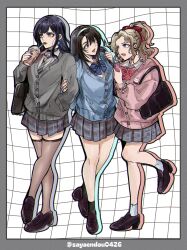  3girls adapted_costume bag bead_bracelet beads black_bag black_choker black_hair black_shoes black_socks blonde_hair blue_bow blue_bowtie blue_cardigan blue_eyes blue_hairband border bow bowtie bracelet breasts brown_eyes cardigan cellphone character_charm charm_(object) choker collared_shirt cosplay cup disposable_cup drinking drinking_straw drinking_straw_in_mouth earrings final_fantasy final_fantasy_vi final_fantasy_viii final_fantasy_xiv full_body gaia_(ff14) grey_border grey_cardigan grey_eyes grey_necktie grey_skirt grey_thighhighs grid_background hair_between_eyes hair_ornament hair_ribbon hairband hairclip hand_in_pocket highres holding holding_another's_arm holding_cup holding_phone jewelry loafers long_hair medium_breasts moogle multiple_girls necktie official_alternate_costume open_mouth parted_bangs phone pink_cardigan plaid_clothes plaid_skirt pleated_skirt ponytail red_bow red_bowtie red_ribbon ribbon rinoa_heartilly sayaendou0426 shirt shoes shoulder_bag skirt smartphone smile socks striped_bow striped_bowtie striped_clothes striped_necktie terra_branford terra_branford_(cosplay) terra_branford_(school_cardigan) thigh-highs twitter_username wavy_hair white_shirt white_socks 