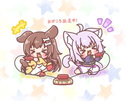  >_< +++ 2girls :d animal_ear_fluff animal_ears asymmetrical_pants barefoot black_hoodie blush_stickers bone_hair_ornament brown_hair cartoon_bone cat_ears cat_girl cat_tail chibi closed_eyes commentary_request controller dog_ears dog_girl dog_tail dress fang game_console game_controller hair_ornament highres holding hololive hood hood_down hoodie inugami_korone inugami_korone_(1st_costume) jacket long_hair long_sleeves mitarashi_neko multiple_girls nekomata_okayu nekomata_okayu_(1st_costume) notice_lines open_clothes open_jacket pants puffy_long_sleeves puffy_sleeves purple_hair sitting smile star_(symbol) tail translation_request very_long_hair virtual_youtuber white_background white_dress white_pants xd yellow_jacket 