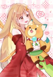 1girl absurdres animal_ears bare_shoulders blonde_hair blush carrying checkered_background cho_kaguya-hime! commentary crescent crescent_hair_ornament fang hair_ornament heart highres inudoge istriri japanese_clothes kaguya_(cho_kaguya-hime!) kimono looking_at_another lop_rabbit_ears open_mouth rabbit_ears red_eyes red_kimono shide smile spoken_heart thick_eyebrows twitter_username 