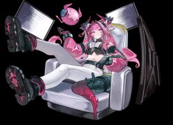  1girl absurdres arknights arknights:_endfield black_background chair commentary_request crop_top detached_sleeves dragon_girl dragon_horns dragon_tail drill_hair hair_intakes highres horns kano33 long_hair multicolored_hair on_chair pants pink_hair pointy_ears sidelocks simple_background sitting solo streaked_hair tail tight_clothes tight_pants twin_drills white_pants yvonne_(arknights) 