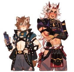  2boys absurdres animal_ear_piercing animal_ears arataki_itto arataki_itto_(cosplay) book brown_hair cawchan closed_mouth colored_inner_hair commentary cosplay costume_switch dog_boy dog_ears dog_tail english_commentary genshin_impact gorou_(genshin_impact) gorou_(genshin_impact)_(cosplay) hand_on_own_hip height_difference highres holding holding_book horns looking_at_another male_focus multicolored_hair multiple_boys navel open_mouth red_hair red_horns simple_background tail twitter_username two-tone_hair vision_(genshin_impact) white_background white_hair 