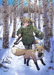  1girl absurdres animal animal_ears blush brown_hair camouflage camouflage_pants coat double-parted_bangs fang forest fox fox_ears fox_girl fox_girl_(yihan_world) fox_tail gloves green_coat gun hair_between_eyes highres hood hood_down hooded_coat long_sleeves mouth_hold nature open_mouth original outdoors pants short_hair snow standing tail tree unworn_gloves weapon winter yihan_world 