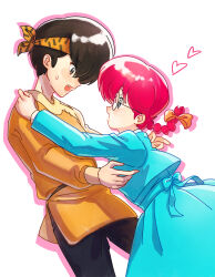  1boy 1girl bandana black_hair blue_dress braid commentary_request dress fang fuurinkan_high_school_uniform hand_on_another's_shoulder heart hetero hibiki_ryouga highres imminent_hug miyano68mamo open_mouth ranma-chan ranma_1/2 red_hair round_eyewear school_uniform short_hair single_braid yellow_bandana 