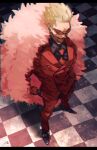  1boy absurdres black_footwear black_shirt blonde_hair checkered_floor chromatic_aberration collared_shirt donquixote_doflamingo earrings feather_boa from_above full_body gold_earrings grin hand_in_pocket highres jacket jewelry long_sleeves male_focus mirin_(coene65) necktie one_piece red-tinted_eyewear red_jacket red_necktie shirt short_hair signature smile spiky_hair tinted_eyewear white-framed_eyewear 