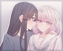  2girls black_hair black_shirt border cheating_(relationship) closed_mouth commentary earrings gradient_hair grey_background grey_border hand_on_another's_shoulder hashtag-only_commentary highres hitozuma_kyoushi_ga_oshiego_no_joshikousei_ni_dohamari_suru_hanashi ichigohara_itsuki jewelry kousaka_0v0 long_hair looking_at_another multicolored_hair multiple_girls necklace outline parted_lips pink_eyes pink_hair ring school_uniform serafuku shirt teacher_and_student togawa_rin upper_body violet_eyes wedding_ring white_hair white_outline white_shirt yuri 