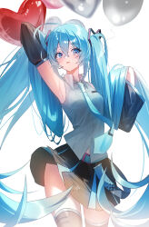  1girl absurdres aqua_eyes aqua_hair aqua_necktie aqua_trim arm_up armpits balloon black_skirt black_sleeves black_thighhighs blush breasts commentary_request detached_sleeves hair_between_eyes hair_ornament hatsune_miku hatsune_miku_(vocaloid6) heart_balloon highres inosia long_hair long_sleeves necktie open_mouth shirt skirt sleeveless sleeveless_shirt small_breasts thigh-highs twintails very_long_hair vocaloid wide_sleeves 