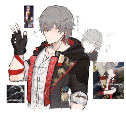  1boy :< ? arm_ribbon artist_name black_gloves black_jacket blush caelus_(honkai:_star_rail) caelus_(vim_and_vigor)_(honkai:_star_rail) caessy_mp11 chain chinese_clothes closed_mouth collarbone derivative_work dragon_print earrings fingerless_gloves gloves gold_chain grey_hair hair_between_eyes half-closed_eye half-closed_eyes hand_up highres honkai:_star_rail honkai_(series) hood hooded_jacket jacket jewelry lapels long_sleeves looking_at_viewer male_focus official_alternate_costume one_eye_closed open_clothes open_jacket pocket_watch red_jacket ribbon screenshot_redraw shirt short_hair simple_background single_earring solo sparkle tangzhuang tassel tassel_earrings trailblazer_(honkai:_star_rail) two-sided_fabric two-sided_jacket upper_body watch white_background white_shirt yellow_eyes 