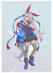  1girl animal_ears black_sailor_collar black_shirt black_skirt blue_boots blue_eyes blue_hairband blue_jacket blue_neckerchief boots drink_carton ear_covers fang giragira_egao grey_hair grey_tail grey_thighhighs hair_between_eyes hairband hand_in_pocket headband highres holding holding_juice_box horse_ears horse_girl horse_tail jacket juice_box lightning_bolt_print long_hair long_sleeves multicolored_hairband neckerchief open_clothes open_jacket open_mouth red_headband red_neckerchief sailor_collar school_uniform serafuku shirt skirt smile striped_clothes striped_hairband tail tamamo_cross_(umamusume) thigh-highs two-tone_hairband umamusume very_long_hair 