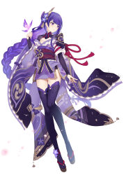  1girl absurdres asymmetrical_sleeves blue_pupils blunt_bangs braid bridal_gauntlets cherry_blossoms clothing_cutout commentary crystalfly_(genshin_impact) falling_petals full_body genshin_impact glowing hair_ornament hair_ribbon highres japanese_clothes kimono light_blush lingerie long_braid looking_to_the_side mitsudomoe_(shape) mole mole_under_eye multicolored_hair neck_ribbon off_shoulder petals pink_petals purple_kimono purple_thighhighs raiden_shogun red_ribbon red_sash ribbon sash shade shiinauka single_braid solo streaked_hair thigh-highs tomoe_(symbol) underwear uneven_sleeves white_background wide_sleeves 