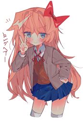  1girl alternate_hair_length alternate_hairstyle black_skirt blue_eyes blush bow closed_mouth contrapposto cropped_legs doki_doki_literature_club doki_doki_literature_club_school_uniform grey_jacket hair_bow hair_intakes hand_on_own_hip highres jacket long_hair looking_at_viewer miniskirt neck_ribbon notice_lines open_clothes open_jacket red_bow red_ribbon ribbon sayori_(doki_doki_literature_club) school_uniform sidelocks sillon3 simple_background skirt smile solo thigh-highs translation_request v very_long_hair white_background white_thighhighs zettai_ryouiki 