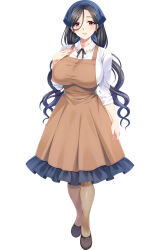  1girl apron black_hair blue_skirt breasts brown_apron brown_thighhighs choukou_(alicesoft) choukou_taisen_escalation_heroines dress full_body hair_tie highres hinohara_kamina kuroda_akimi large_breasts long_hair official_art red_eyes skirt solo tachi-e thigh-highs white_dress 