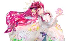  1girl absurdres ao_dai blue_eyes breasts commentary commission crystal_wings detached_wings double-parted_bangs double_halo dress earrings english_commentary floating_hair flower hair_between_eyes hair_flower hair_ornament halo hands_up heterochromia highres hololive hololive_english horns irys_(hololive) jewelry large_breasts long_hair long_sleeves looking_at_viewer lotus low-tied_long_hair pants parted_lips pointy_ears purple_hair sidelocks simple_background smile solo sowon standing star-shaped_pupils star_(symbol) star_halo symbol-shaped_pupils transparent_background very_long_hair violet_eyes virtual_youtuber white_dress white_pants wings 