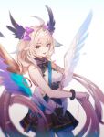  1girl bird_girl black_skirt blonde_hair blue_hair bow enna_alouette enna_alouette_(1st_costume) gradient_hair hair_bow head_wings hewaje highres long_hair low_twintails mechanical_wings multicolored_hair nijisanji nijisanji_en open_mouth purple_bow purple_wings skirt smile solo twintails very_long_hair violet_eyes virtual_youtuber white_wings wings 