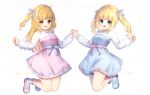  2girls :d ars_project blonde_hair blue_eyes blue_footwear blunt_bangs bow character_request dress hand_up highres holding_hands hoshimiya_urana long_hair long_sleeves looking_at_viewer michiru_donut multiple_girls official_art one_side_up pinafore_dress pink_bow pink_footwear sample_watermark sleeveless sleeveless_dress smile twintails virtual_youtuber watermark yellow_eyes 