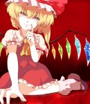  1girl ascot blonde_hair bobby_socks closed_mouth collared_shirt crystal fingernails flandre_scarlet foot_out_of_frame foreshortening frilled_shirt_collar frilled_skirt frilled_sleeves frills hair_between_eyes hat hat_ribbon head_tilt index_finger_raised kotato looking_at_viewer mary_janes medium_hair mob_cap multicolored_wings one_side_up puffy_short_sleeves puffy_sleeves red_background red_eyes red_footwear red_ribbon red_skirt red_vest ribbon sharp_fingernails shirt shoes short_sleeves simple_background skirt sleeve_ribbon socks solo touhou vest white_headwear white_shirt white_socks wings yellow_ascot 