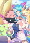  1girl absurdres blue_hair blue_sky breasts clouds dragalia_lost dragon_girl dragon_horns dragon_tail grass hair_between_eyes handheld_game_console highres holding holding_handheld_game_console horns jupiter_(dragalia_lost) kishgull large_breasts long_hair long_sleeves mercury_(dragalia_lost) midgardsormr_(dragalia_lost) multicolored_hair mym_(dragalia_lost) nintendo_switch open_mouth outdoors pink_hair playing_games shirt sitting sky tail thigh-highs thighs zodiark_(dragalia_lost) 