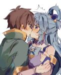  1boy 1girl absurdres aqua_(konosuba) blue_eyes blue_hair blue_shirt blush bow bowtie breasts brown_hair cape capelet detached_sleeves gem green_bow green_bowtie green_cape green_capelet green_eyes hair_between_eyes hair_ornament hair_rings hetero highres holding_hands kiss kono_subarashii_sekai_ni_shukufuku_wo! long_hair long_sleeves looking_at_another pekeheihou satou_kazuma shirt short_hair simple_background single_hair_ring surprise_kiss surprised thigh-highs very_long_hair white_background white_sleeves white_thighhighs 